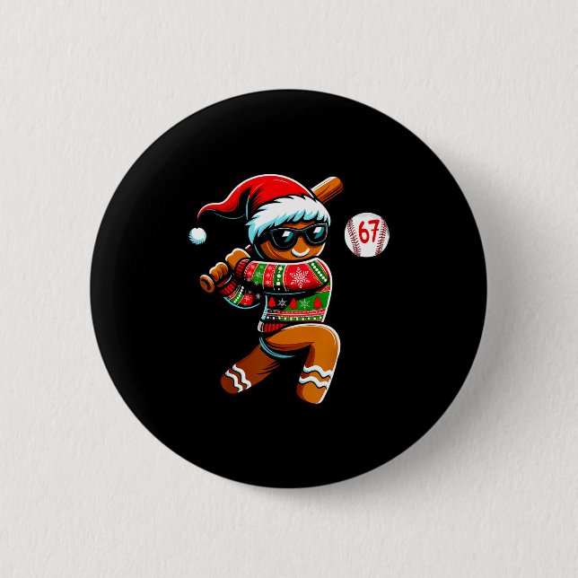 Funny 67 Gingerbread Man Playing Baseball Christma Button (Vorderseite)