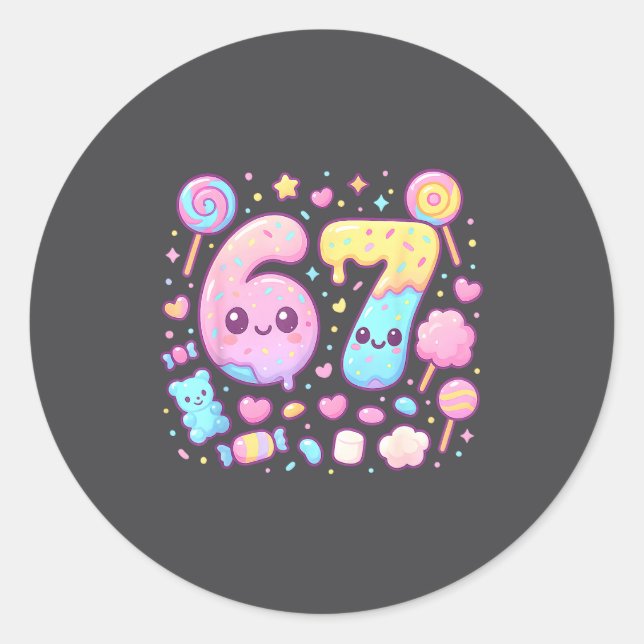 Funny 67 Six Seven Candy 6 7 Meme Gen Alpha Kawaii Runder Aufkleber (Vorderseite)