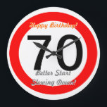 Funny 70th Birthday Joke 70 Road Sign Speed Limit Große Wanduhr<br><div class="desc">Funny 70th Birthday Joke 70 Road Sign Speed Limit Clock. Time speeds by! Give this great turning 70 birthday clock with customizable age number "70" and customizable texts "Happy Birthday" and "Better Start Slowing Down!". This great 70th birthday clock is fully customizable,  add your text and images!</div>