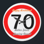 Funny 70th Birthday Joke 70 Road Sign Speed Limit Große Wanduhr<br><div class="desc">Funny 70th Birthday Joke 70 Road Sign Speed Limit Clock. Time speeds by! Give this great turning 70 birthday clock with customizable age number "70" and customizable texts "Happy Birthday" and "Better Start Slowing Down!". This great 70th birthday clock is fully customizable,  add your text and images!</div>