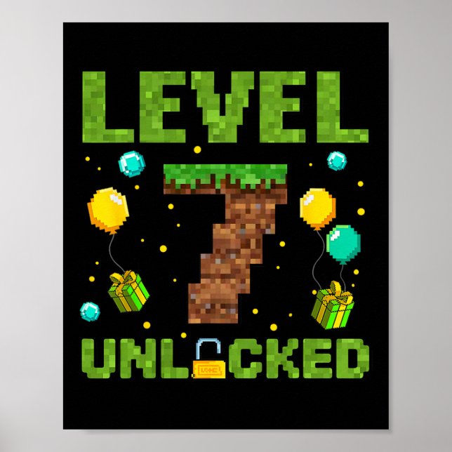 Funny 7th Birthday Boy Gamer Level 7 Unlocked Pixe Poster (Vorne)