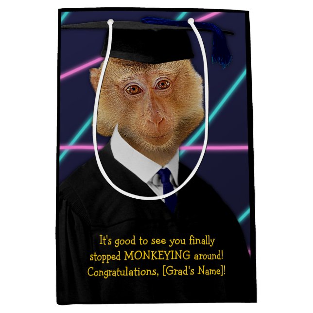 Funny Abschluss Monkey Macaque Herzlichen Glückwun Mittlere Geschenktüte (Vorderseite)