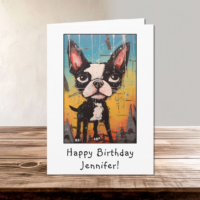 Funny Abstrakt Boston Terrier Happy Birthday Name Karte (Von Creator hochgeladen)
