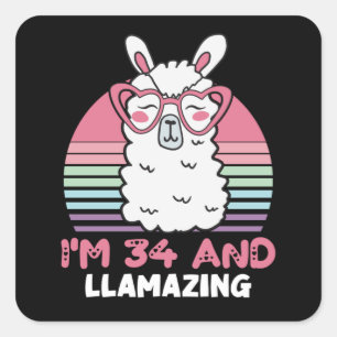 Funny Adorable Llama 34. Geburtstagsgeschenk für F Quadratischer Aufkleber