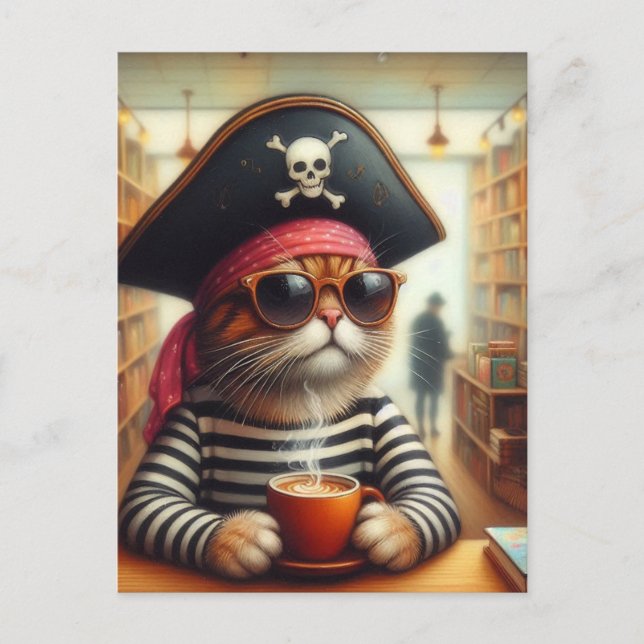 Funny AI Art Piraterie Katze mit Kaffee im Buchlad Postkarte (Vorderseite)