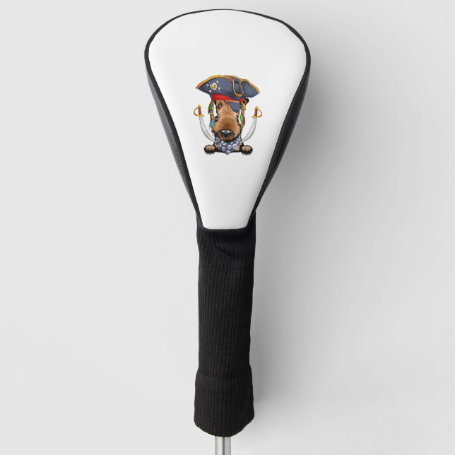 Funny Airedale Terrier Hund in Pirat mit zwei Golf Headcover (Vorderseite)