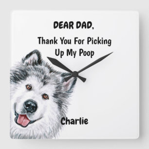 Funny Alaskan Malamute Dad Watercolor Canine Art  Quadratische Wanduhr