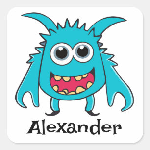 Funny Alien Blue Green Monster Cartoon Quadratischer Aufkleber