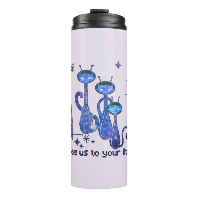 Funny Alien Cats - "Bring uns zu deinem Müll" Thermosbecher (Vorderseite)
