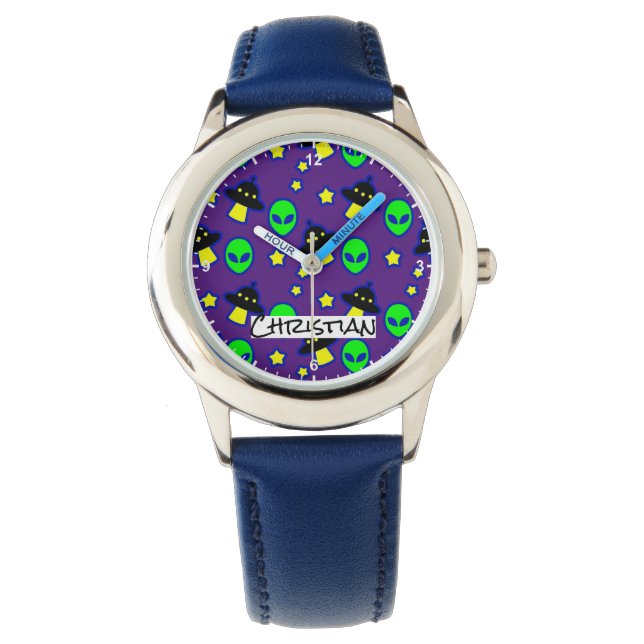Funny Alien Head UFO Stars Muster Comic Name Text Armbanduhr (Vorderseite)