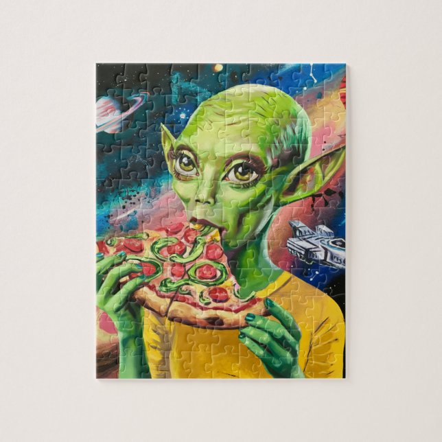 Funny Alien in Space Eating Pizza (Vertikal)