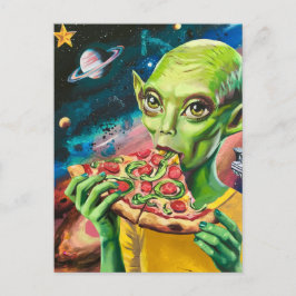 Funny Alien in Space Eating Pizza Postkarte