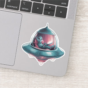 Funny Alien in UFO Aufkleber