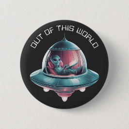 Funny Alien in UFO Button