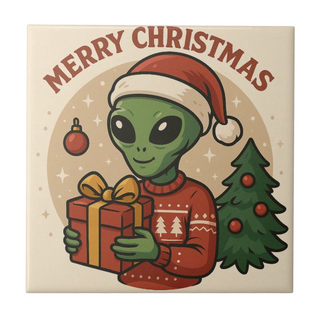 Funny Alien Merry Christmas Fliese (Vorderseite)