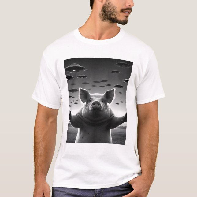 Funny Alien Pig UFO Pig Selfie mit UFOs T-Shirt (Vorderseite)