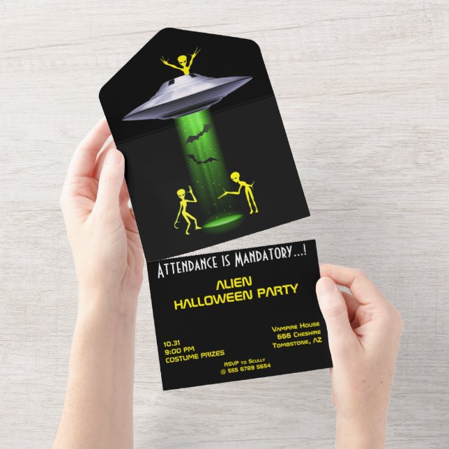 Funny Alien 🎅 🛸 UFO-Halloween-Party All In One Einladung (Abreißen)