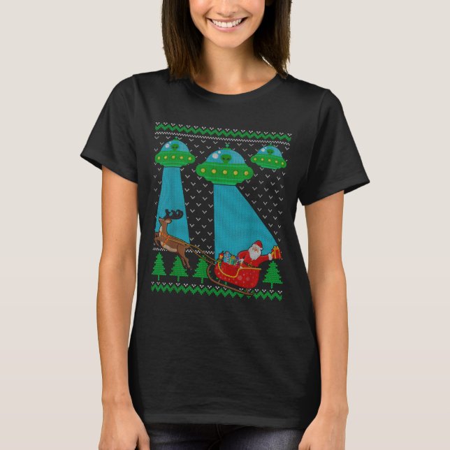 Funny Alien Ufo Santa Sleigh Ugly Christmas Sweate T-Shirt (Vorderseite)