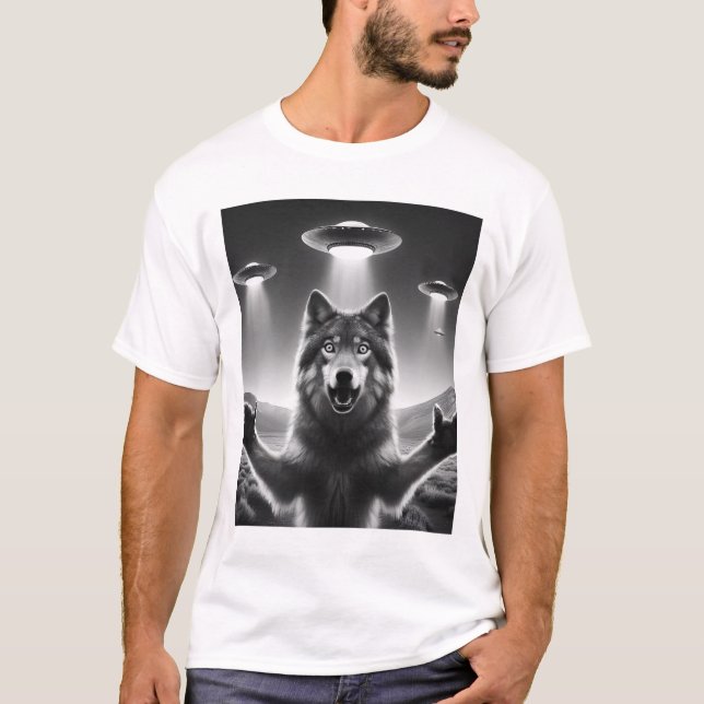 Funny Alien Wolf UFO Wolf Selfie mit UFOs T-Shirt (Vorderseite)