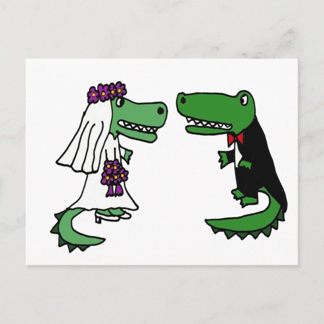 Funny Alligator Brie and Groom Cartoon Postkarte (Vorderseite)