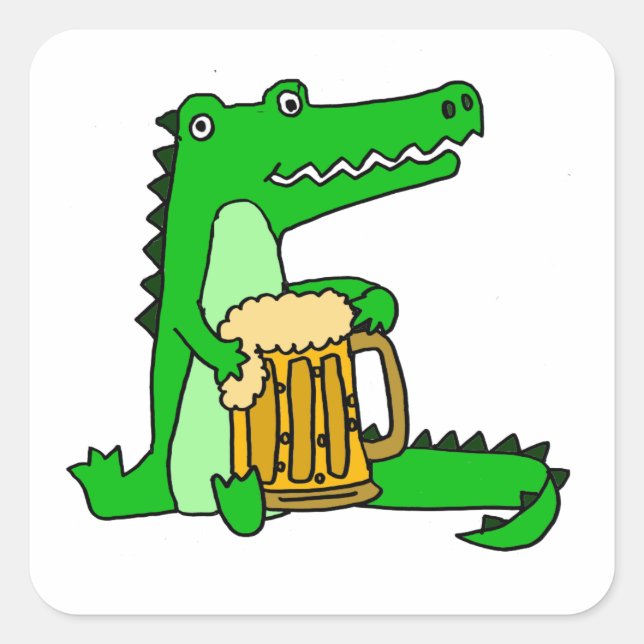 Funny Alligator Drink Bier Cartoon Quadratischer Aufkleber (Vorderseite)