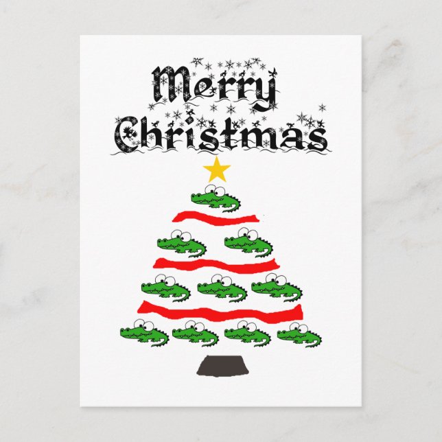 Funny Alligator Weihnachtsbaum Cartoon Postkarte (Vorderseite)