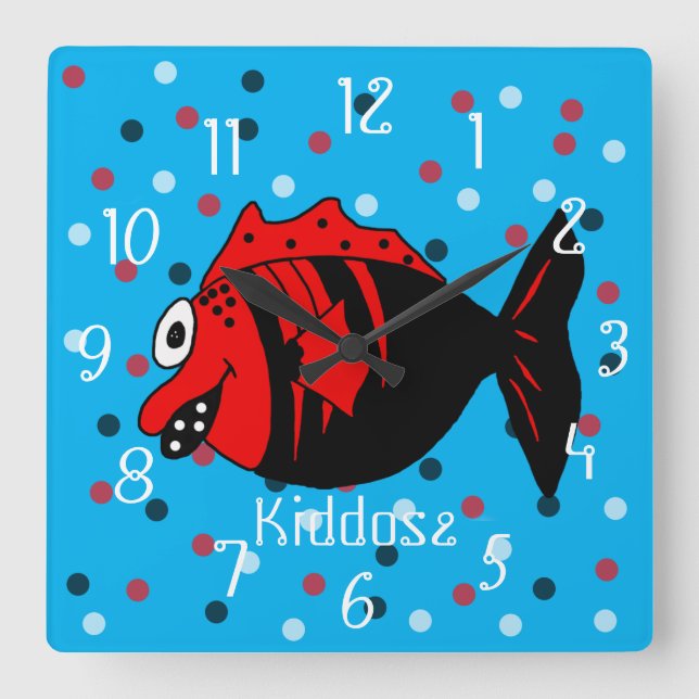 Funny and cute black and red fantasy fish quadratische wanduhr (Vorderseite)