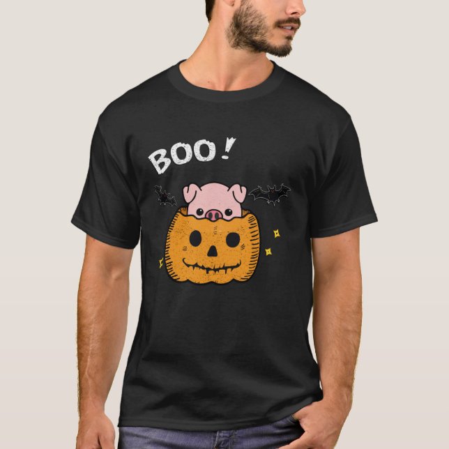 funny and cute piggy pig boo in pumpkin bats Hallo T-Shirt (Vorderseite)