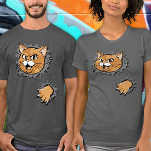 Funny Angry Cat Paw Torn Fabric Illustration Carto T-Shirt