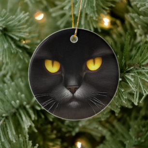 Funny Angry Fluffy Black Persian Kitty Cat Face Keramik Ornament