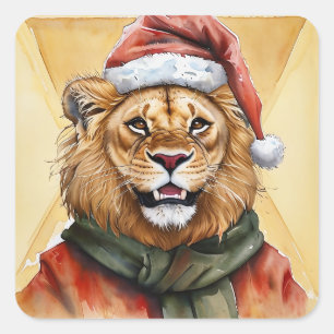 Funny Animal Christmas Favorites - Lion 1 Quadratischer Aufkleber