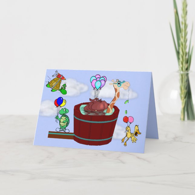 Funny Animals Flying with/Balloons on Birthday Car Karte (Vorderseite)