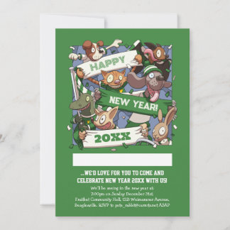 Funny Animals New Year's Party Sports Fans Cartoon Einladung