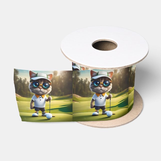 Funny Animated Cat Golf Player, Satinband (Spule)