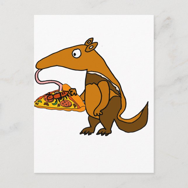 Funny Anteater isst Pizza Cartoon Postkarte (Vorderseite)