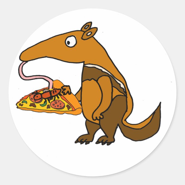 Funny Anteater isst Pizza Cartoon Runder Aufkleber (Vorderseite)