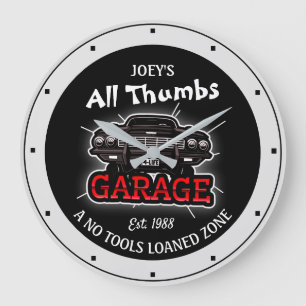 Funny Any Name All Thumbs Garage Retro Car Date  Große Wanduhr