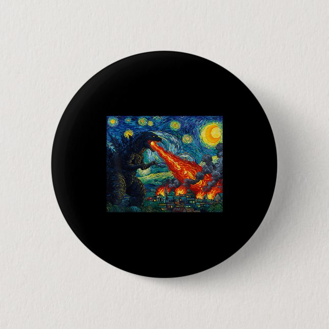 Funny Art Japanese Monster Kaiju In Van Gogh Starr Button (Vorderseite)
