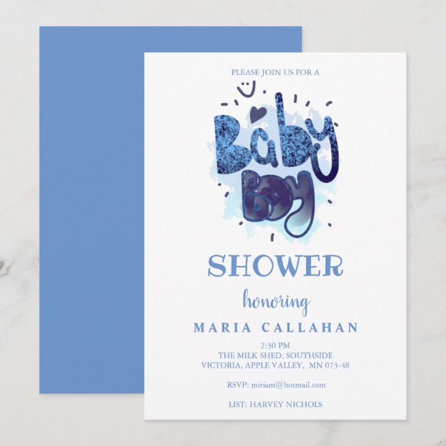 Funny Artistic Typografy Blue Baby Boy Showdusche Einladung (Vorne/Hinten)