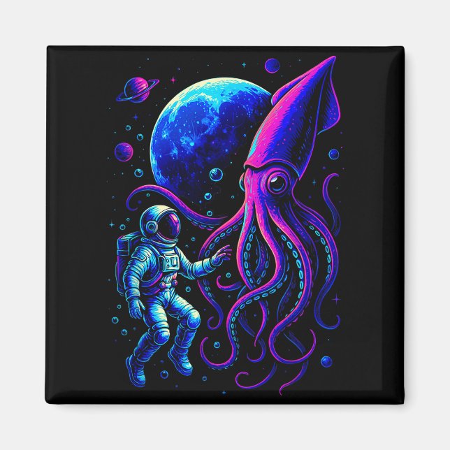 Funny Astronaut And Squid In Underwater Space With Magnet (Vorne)