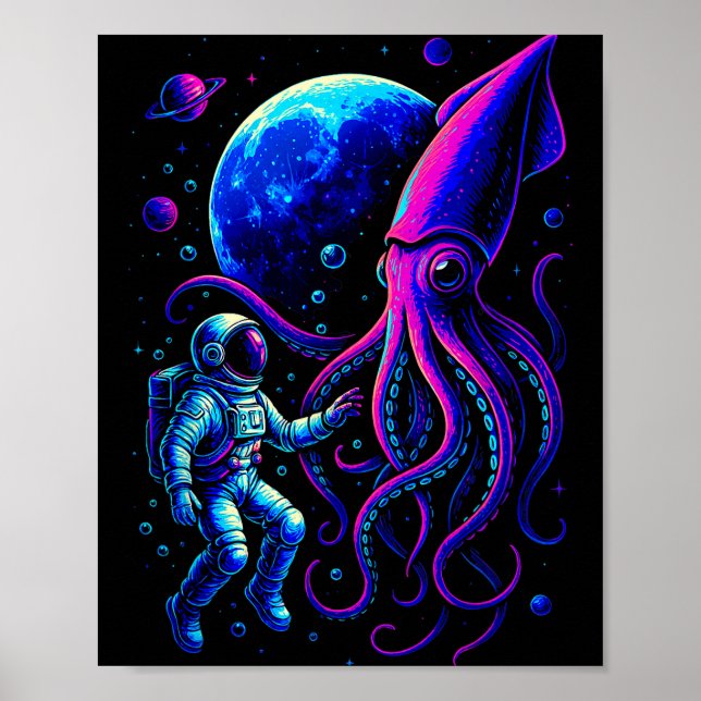 Funny Astronaut And Squid In Underwater Space With Poster (Vorne)