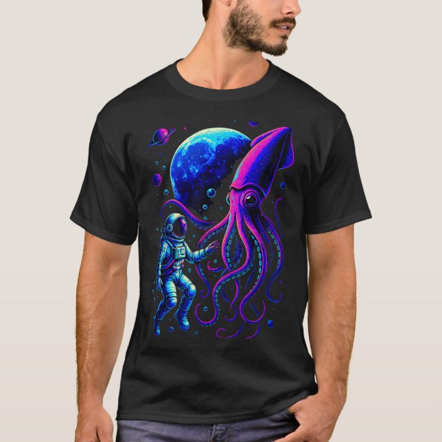 Funny Astronaut And Squid In Underwater Space With T-Shirt (Vorderseite)