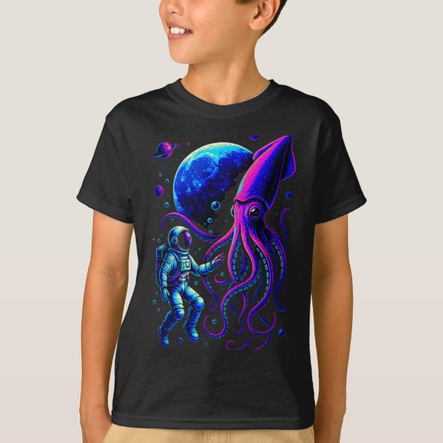 Funny Astronaut And Squid In Underwater Space With T-Shirt (Vorderseite)
