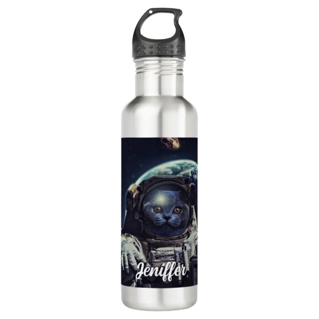 Funny Astronaut Kurzhaarkatze im Weltraum Edelstahlflasche (Vorderseite)