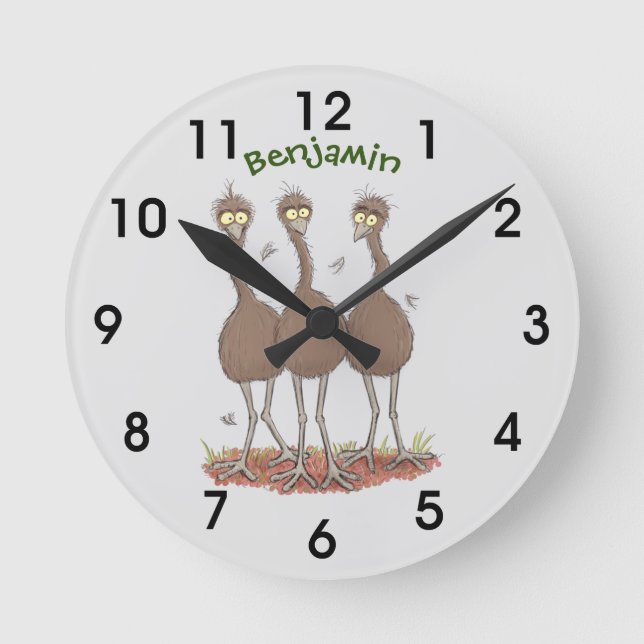 Funny Australian emu trio Cartoon Illustration Runde Wanduhr (Vorderseite)
