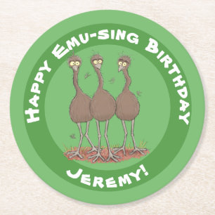 Funny Australian emu trio Cartoon Illustration Runder Pappuntersetzer