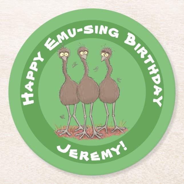 Funny Australian emu trio Cartoon Illustration Runder Pappuntersetzer (Vorderseite)