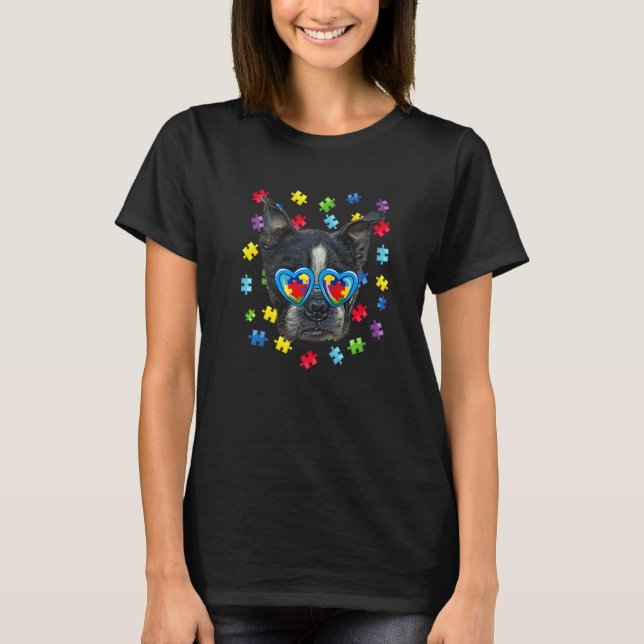 Funny Autism Boston Terrier Dog Puzzle Sonnenbrill T-Shirt (Vorderseite)