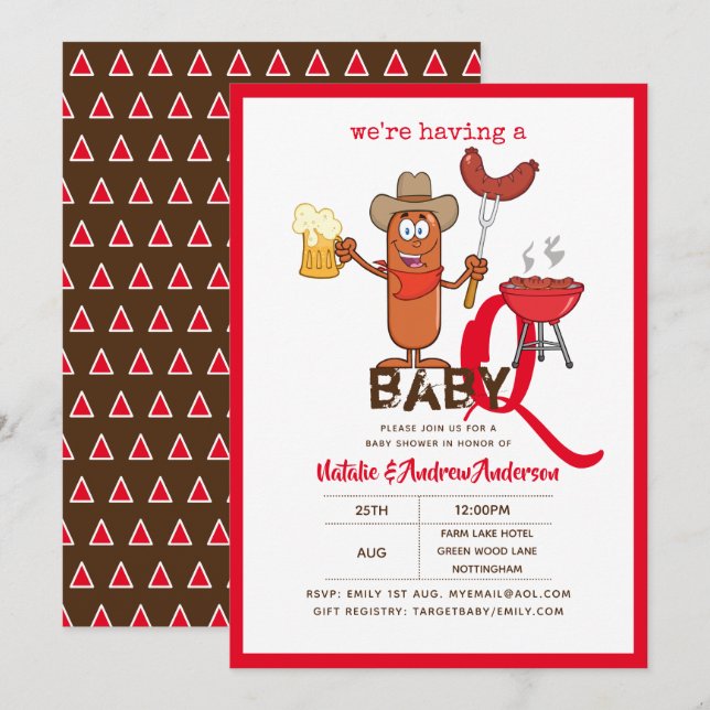 Funny Baby-Q GRILLEN Sausage Modern Boy Girl Einladung (Vorne/Hinten)