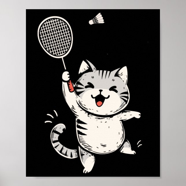Funny Badminton Cat Niedlich Kitty Badminton Playe Poster (Vorne)